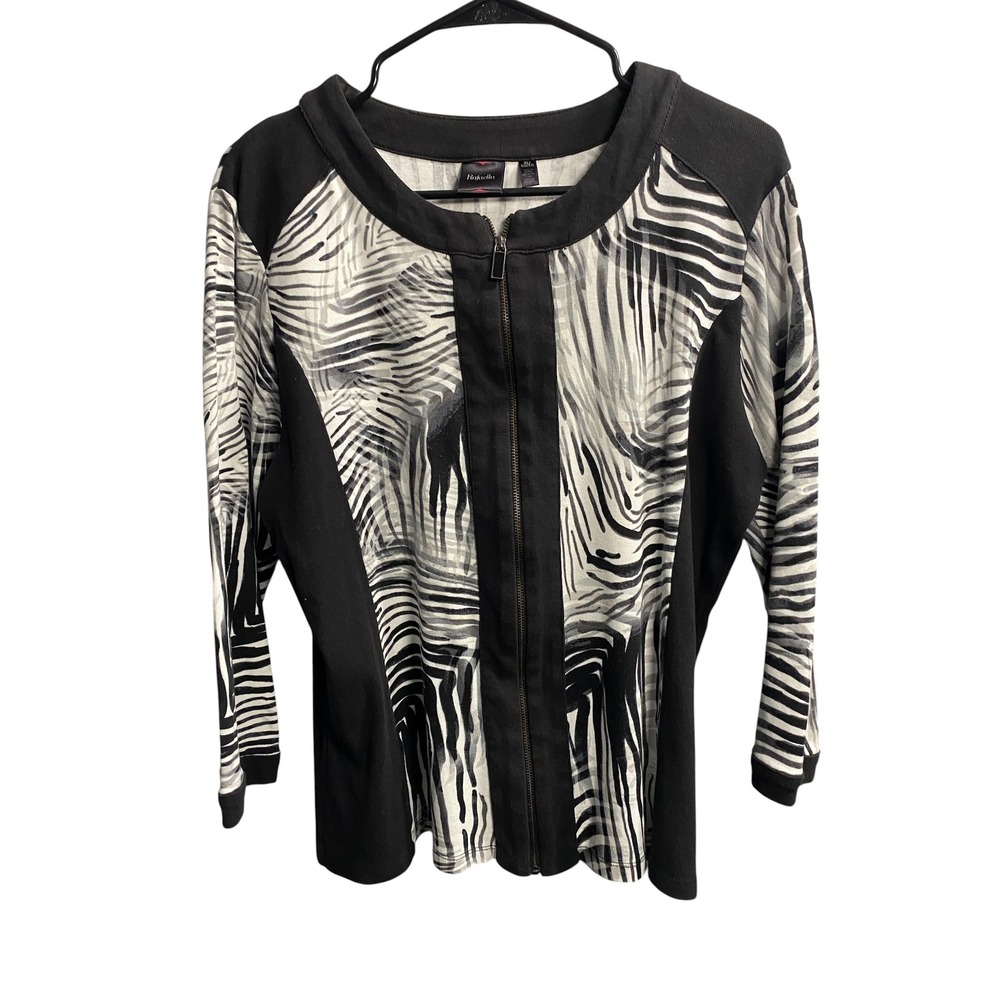 Rafaella Womens XL Zebra Print Full Zip 3/4 Sleeve Top Black White Abstract